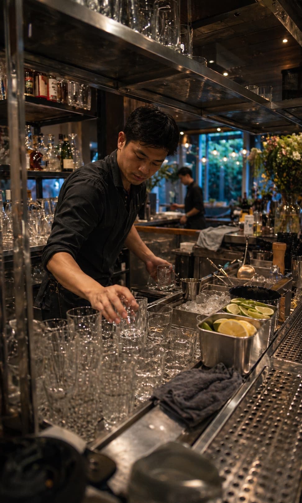 Barback polishing glassware and restocking a bar station.