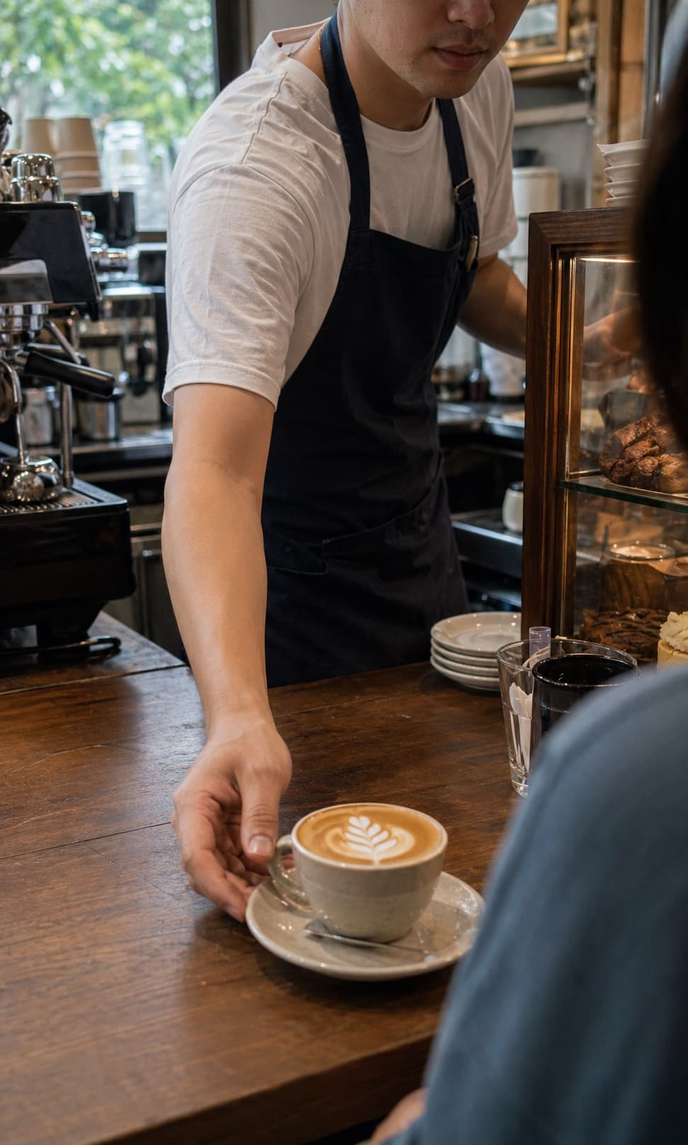 Barista pouring latte art during a morning cafe shift.