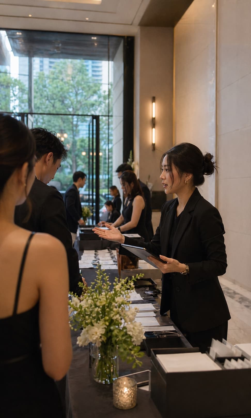 Event host greeting guests at a hotel event check-in.