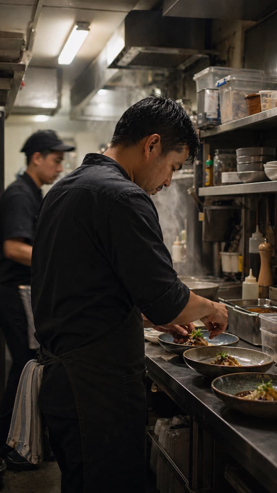 Line cook plating dishes in a clean restaurant kitchen.